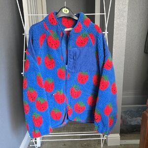 Womens Blue Strawberry Fleece Pattern Jacket